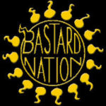 Logo of Bastard Nation. Sperms swm around a cicle with the words Bastard Nation inside the circle